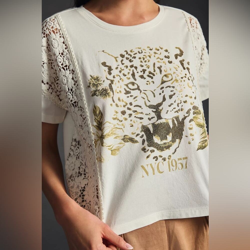 Pilcro Leopard Print Graphic Tee Crochet Details Crew Neck Short Sleeves Size XL - Picture 2 of 14